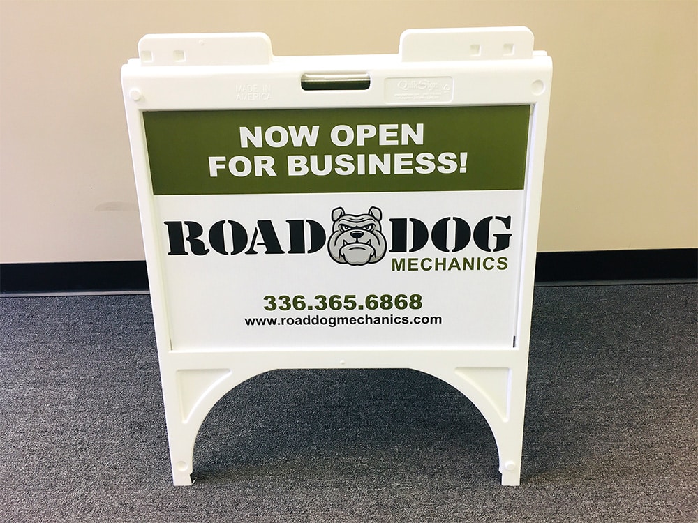 Now Open sign for Road Dog Mechanics